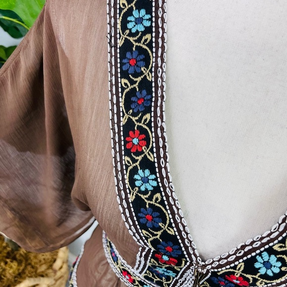 Uno Core Brown Sheer Embroidered Y2K Peplum Top - Picture 5 of 9